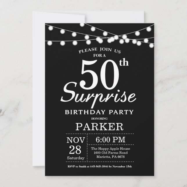 Surpresa 50º Aniversário Convite Preto e Branco (Frente)