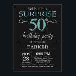 Surpresa 50º Aniversário Convite Preto e Teal<br><div class="desc">Surpreenda o 50º Convite de Aniversário com o Fundo do Negra e do Teal Glitter. Chalkboard. Aniversário Adulto. Homens ou Mulheres no Dia Convidam. Qualquer idade. Para mais personalização,  clique no botão "Personalizar" e use nossa ferramenta de design para modificar este modelo.</div>
