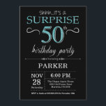 Surpresa 50º Aniversário Convite Preto e Teal<br><div class="desc">Surpreenda o 50º Convite de Aniversário com Fundo de Brilho Negro e Teal. Chalkboard. Aniversário Adulto. Homens ou Mulheres no Dia Convidam. Qualquer idade.
Para mais personalização,  clique no botão "Personalizar" e use a ferramenta design para modificar este modelo.</div>