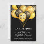 Surpresa 50.º Aniversário, Preto e Dourado Convite<br><div class="desc">Balões negros e dourados e convite para a 50ª festa de aniversário. Design de preto e ouro negros e em forma de ouro com a moderna fonte de escrita branca. Personalizar para qualquer idade. 30,  40,  60,  70,  80 e mais.</div>