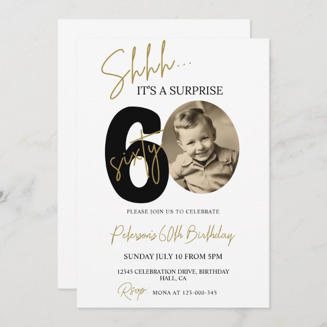 Surpresa 60º Aniversário Convite Foto Adulto (Frente/Verso)