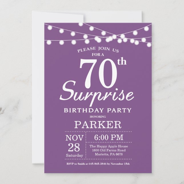 Surpresa 70 de Aniversário Convite à Lavanda Roxa (Frente)