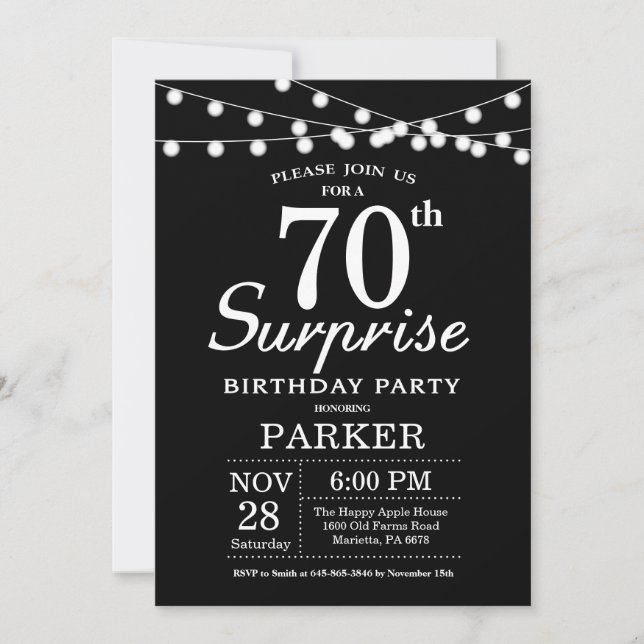 Surpresa 70 de Aniversário Convite Preto e Branco (Frente)