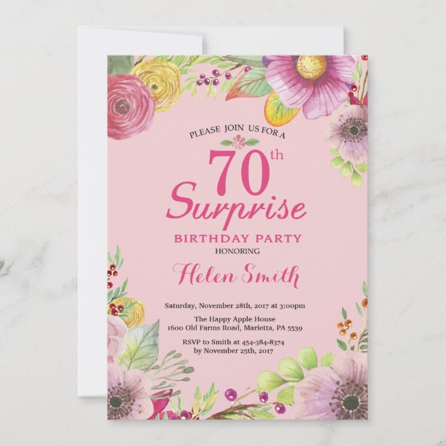 Surpresa 70 Floral Convite de Aniversário para Mul (Frente)