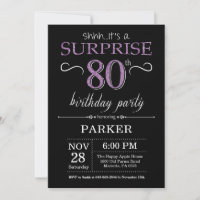 Surpresa 80 de Aniversário Convite Preto e Roxo
