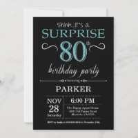 Surpresa 80 de Aniversário Convite Preto e Teal
