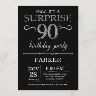 Surpresa 90 de Aniversário Convite Preto e Pratead