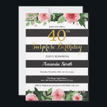 Surpresa aniversário de 40 anos de Convite Mulhere<br><div class="desc">Convite para aniversário de 40 anos surpresa para mulheres. Convidar Festa de aniversário preto e Dourado. Dourada Glitter. Flor Floral Cor de Água Rosa. Black and White Stripes. Digital Imprimível. Para mais personalização,  clique no botão "Personalizar" e use nossa ferramenta de design para modificar este modelo.</div>