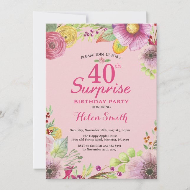 Surpresa aniversário de 40 anos Floral Convite par (Frente)