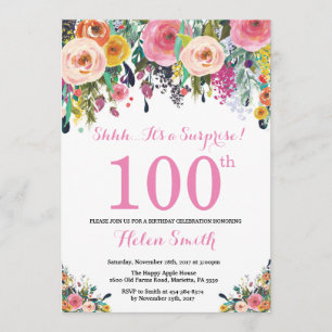 Surpresa Floral 100º Convite de Aniversário Rosa