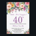 Surpresa Floral aniversário de 40 anos Convite Pur<br><div class="desc">Convite para aniversário de 40 anos de Surpresa Floral para Mulheres. Flor Floral de Aquarela. Rosa, Amarelo, Laranja, Flor Roxo. Aniversário Adulto. 30 40th 50th 60th 80 de 70 de 100th 13 de 16th 18th 20 21rua de qualquer idade. Para mais personalização, clique no botão "Personalizar" e use nossa ferramenta...</div>