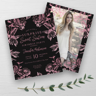 SURPRESA Floral Negra Dourada rosa Doce 16 Convite