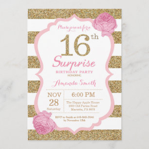 Surpresa rosa e Dourada 16º Convite de Aniversário