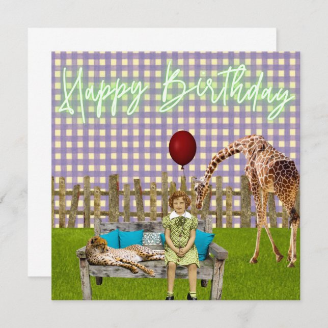 Surreal Girl and Zoo Animal Funky Birthday (Frente/Verso)