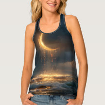 Surreal Golden Crescent Moon Above Ocean