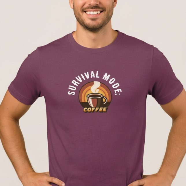 Survival Mode Coffee • Funny Coffee Lover Design (man wearing maroon Survival Mode Coffee t-shirt with retro design on beige background)