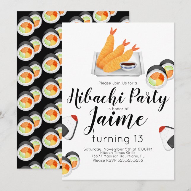Sushi de Aquarela Convites de Aniversário de Adole (Frente/Verso)
