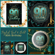 Stylish Teal & Gold 90th Birthday