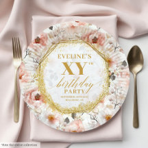 Boho Blush Ivory Gold Birthday Paper Plates #15B