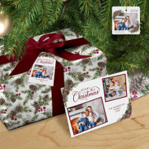 Elegant Script Merry Christmas Pine Cones Burgundy