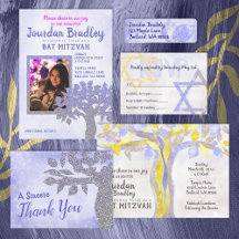 Blue, Yellow Tree of Life Bat Mitzvah Invitations