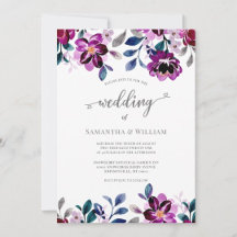 Watercolor Navy & Purple Floral Wedding Invitation