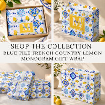 Blue Tile Country Lemon Pattern Monogram Gift Wrap