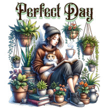 Girl Reading with Cat, Coffee and Plants