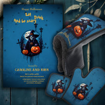 A spooky Halloween scene featuring a skeleton witc