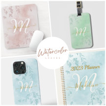 Watercolor Leaves Background with Name Monogram