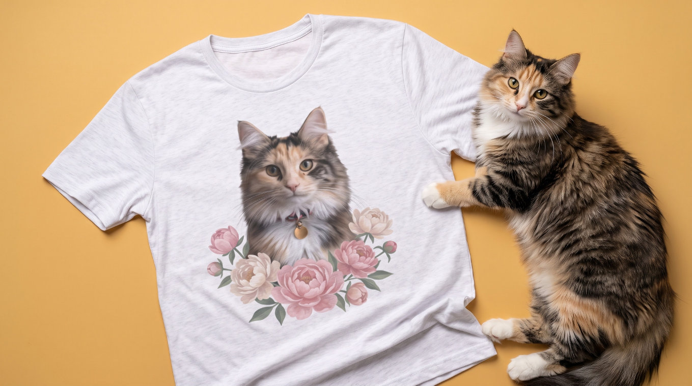 16:9 Flatlay + Live Pet: the personalized t-shirt with your pet's portrait