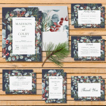 Winter Christmas Greenery on Blue Wedding Suite