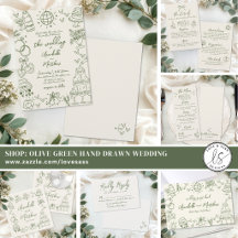 Hand Drawn Olive Green Whimsical Retro Wedding