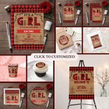 It's a Girl Rustic Wood Plaid Baby Shower