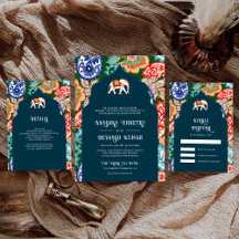 Vibrant Indian Folk Art Elephant Dark Blue Wedding