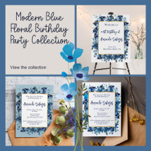 Modern Blue Floral Birthday Party Collection