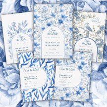 Elegant Floral Blue and White Save The Date Cards