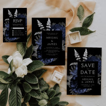 Moody Dark Floral Navy Blue Silver Wedding Suite