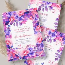 Bright Purple Watercolor Floral 30th Birthday Set