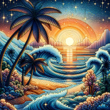 Mosaic Ai Art   Ocean Sunset and Palm Trees