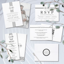 Modern black, white stripes and initials wedding