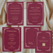 Burgundy Gold Art Deco Wedding Invitation Suite