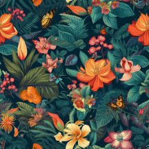 Tropical Flowers and Leaves with Butterflies
