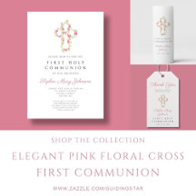 Elegant Pink Floral Cross Girl First Communion