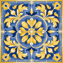Mediterranean Botanical Pattern - Blue and Yellow