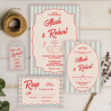 Red Script Blue Stripes Retro Wedding Suite