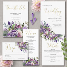 Purple Violet Lilac Watercolor Bouquet Gold Script