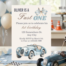 Fast One 1st Birthday - Blue Race Car Invitations