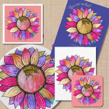 Watercolor Tie Dye Purple Pink Sunflower Birthday