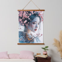 Geisha portrait, cherry blossoms, Japanese art,